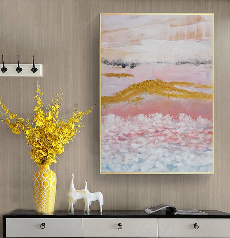 Pink Original Leaf Contemporary Abstract Canvas Artwork 0EZ7E